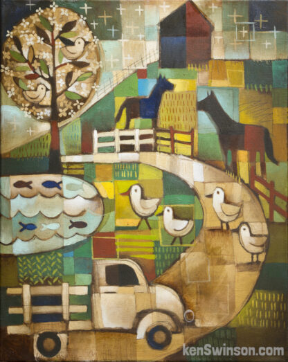 folk art abstract style painting of ducks blocking traffic to go to a lake