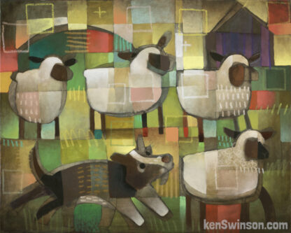 folk art style painting of Sheep dog with 4 sheep