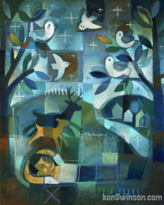 abstract folk art style painting of a man sleeping outside under the stars with birds watching him and deer in the background