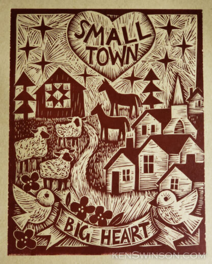 linocut of path from village to barn with quilt. illustrated with sheep horses and birds, and the text: small town big heart