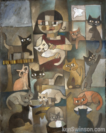 abstract folk art style painting of lady surrounded by lots of cats