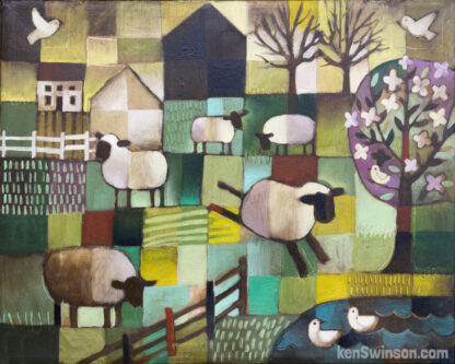 folk art style painting of sheep jumping over fence lake ducks
