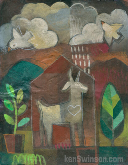 folk art abstract style painting of a goat in a house, with a raincloud over the house