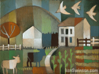 folk art style painting of a road leading to a home with cows in the foreground kentucky