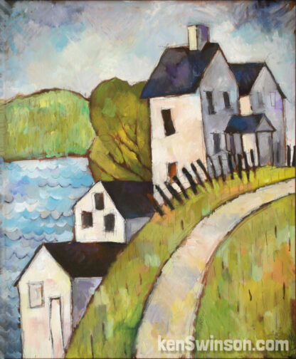 folk art style painting of houses along a hill with a view of water in the background