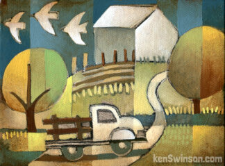 farm truck driving up hill to a barn in the distance with birds in the sky
