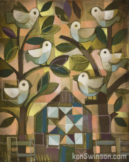 barn with quilt design surrounded by two trees filled with birds