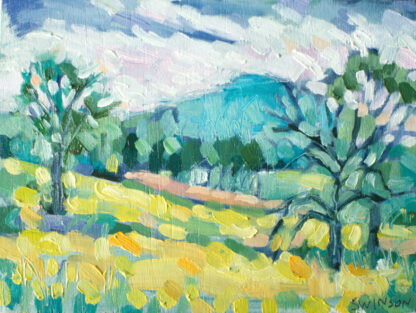plein air painting of a yellow field with mountain in the background near wallingford, kentucky