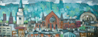 plein air painting of over the rhine in Cincinnati ohio view includes music hall and the museum center