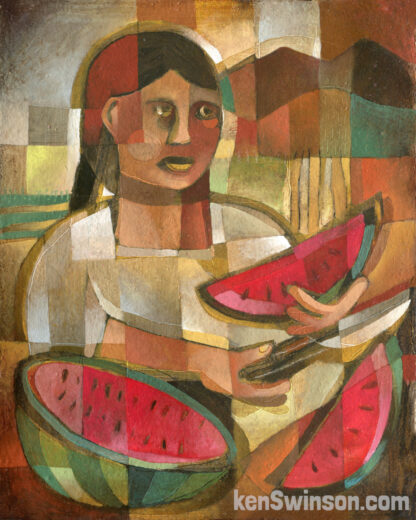 folk art style mexican ifluenced painting of woman slicing a watermelon