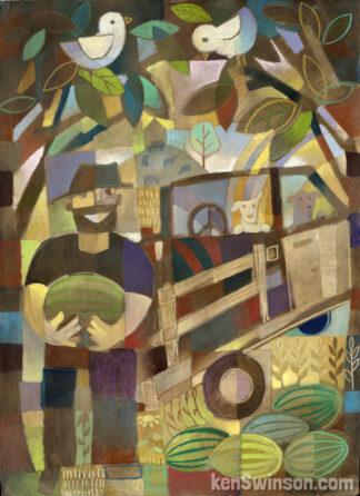 folk art abstract style painting of a man selling watermelon from the back of his truck