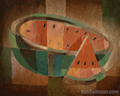 folk art abstract style painting of a sliced watermelon