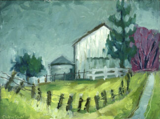 plein air painting of a white barn with purple trees in the background in mason county kentucky