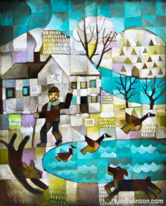 folk art style painting of man walking around frozen lake with geese and dogs