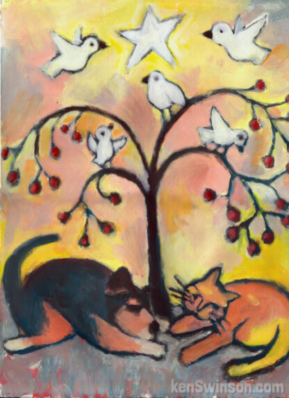 painting of dog and cat under tree with birds and star