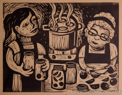 linocut of two women canning tomatoes