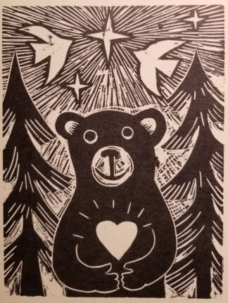 wooduct notecard of a bear in the forest holding a heart with star over head