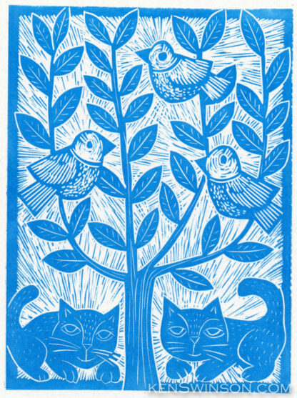 folk art style linocut of two cats under a tree, with 2 birds in the branches
