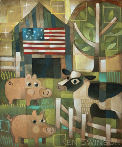folk art abstract style painting of pigs and a cow in front of a barn with the american flag by kentucky artist ken swinson