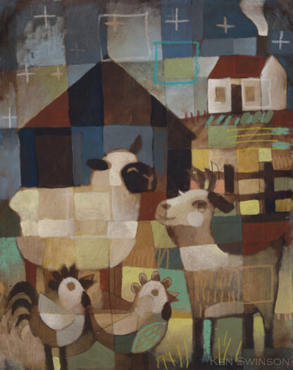 folk art style painting of farm animals: sheep goats and chickens around a barn at night by kentucky artist ken swinson