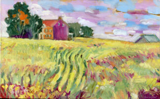 plein air painting of federal hill in old washington, a historic old brick house in a field of corn
