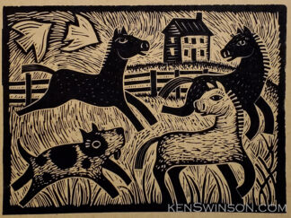folk art style linocut depicting a sheepdog herding 3 horses