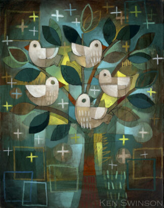 folk art abstract style painting of birds in a tree by kentucky artist ken swinson