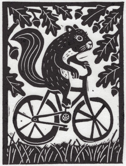 linocut of squirrel riding bicycle