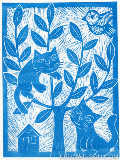 folk art style linocut of two cats, one climbing a tree trying to catch a bird