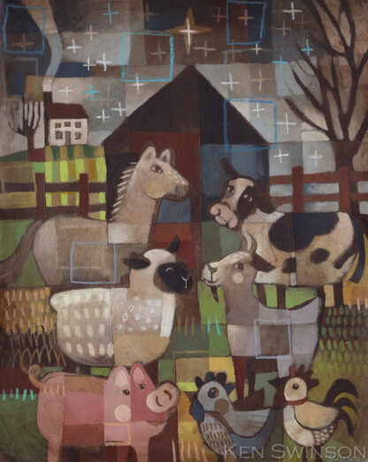 folk art abstract style painting of farm animals under a star with a barn horse, cow, sheep, goat, pig and chickens by kentucky artist ken swinson