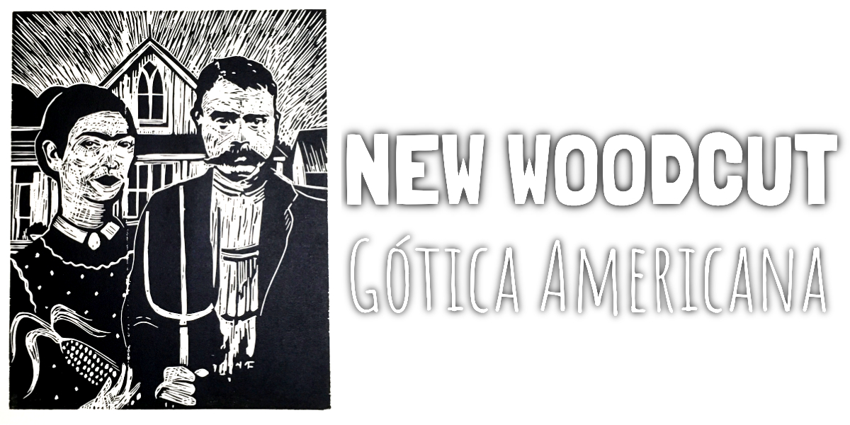 banner with woodcut of frida kahlo and emiliano zapata in grant woods classic american gothic pose