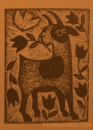 Goat Eating Tulips Brown Orange - Linocut Notecard