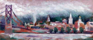 plein air painting of maysville kentucky river village on the ohio river in the fog with bridge and buildings in the background by artist ken swinson
