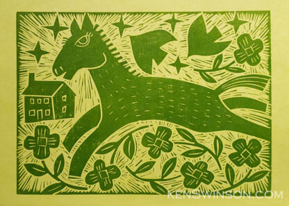 traditional linocut of horse running in flowers with house in the background