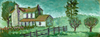 plein air painting of a stone house with apple trees painted on location in May's Lick Kentucky