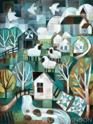 an abstract folk art style painting of sheep in a country scene with quilts hanging on a line by a creek, with a village in the distance by kentucky artist ken swinson