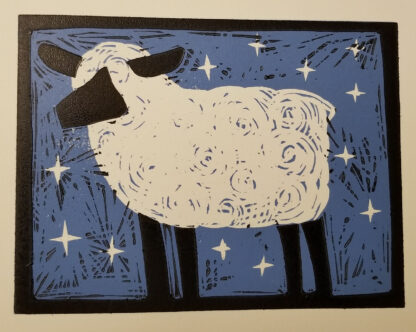 2 color reduction woodcut of sheep with stars in the background