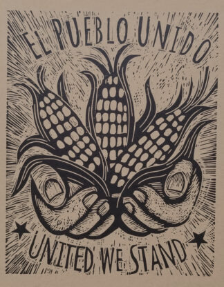 el pueblo unido a woodcut with hands holding corn