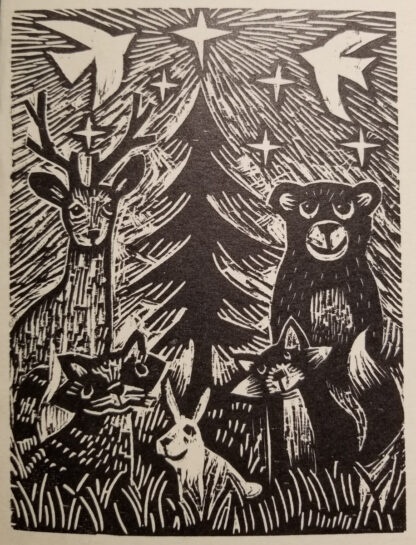 woodcut print of wildlife around a christmas tree with star in the sky