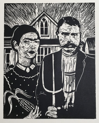 woodcut depicting frida kahlo and emiliano zapata in grant woods classic american gothic pose
