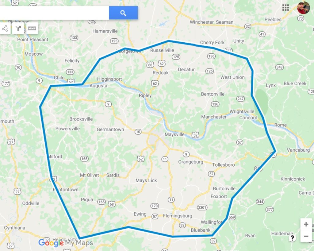 google map of 25 mile radius from my house