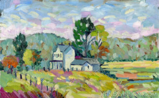 plein air painting of white farmhouse in field with hills in the background