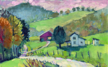 plein air painting of a green landscape with white house and red barn in the distance carter county kentucky