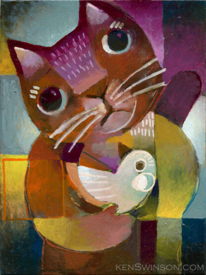 folk art style abstract oil painting of a cat holding a bird oil painting