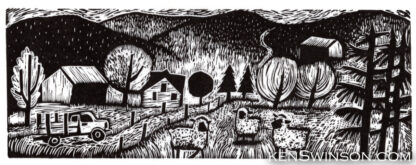 folk art style linocut of lewis county kentucy farm scene with a country road mountains and sheep
