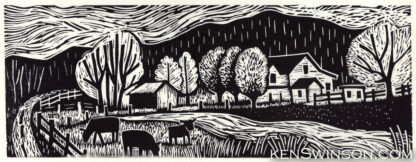 folk art style linocut of a farm with cows in lewis county kentucky