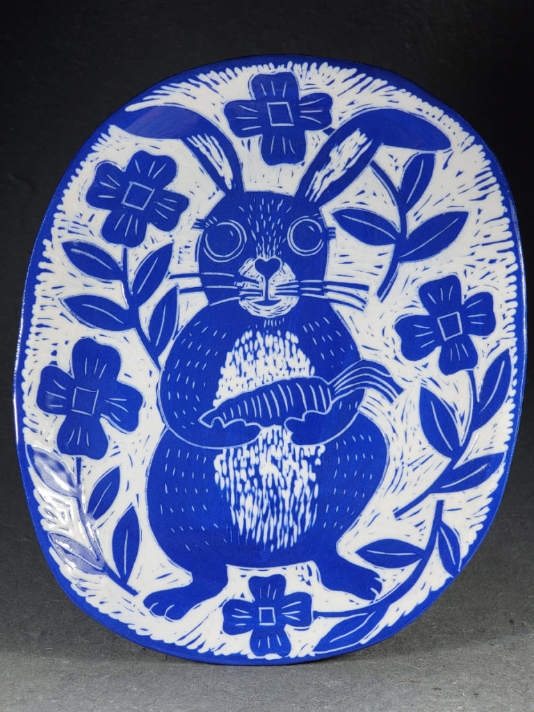 blue porcelain plate with bunny design