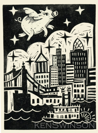linocut print of a pig flying over Cincinnati ohio's skyline