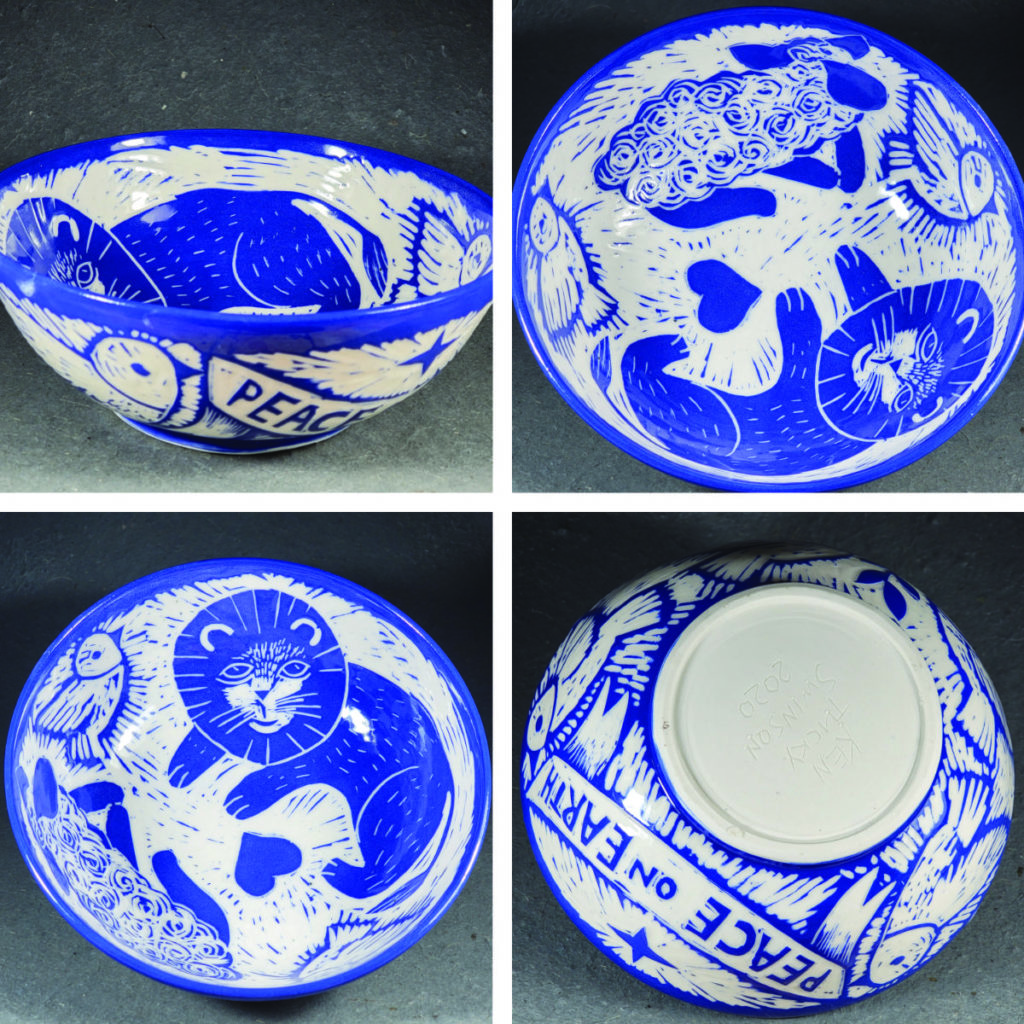 porcelain bowl with lion and lamb - birds carrying banner that says 'peace on earth'