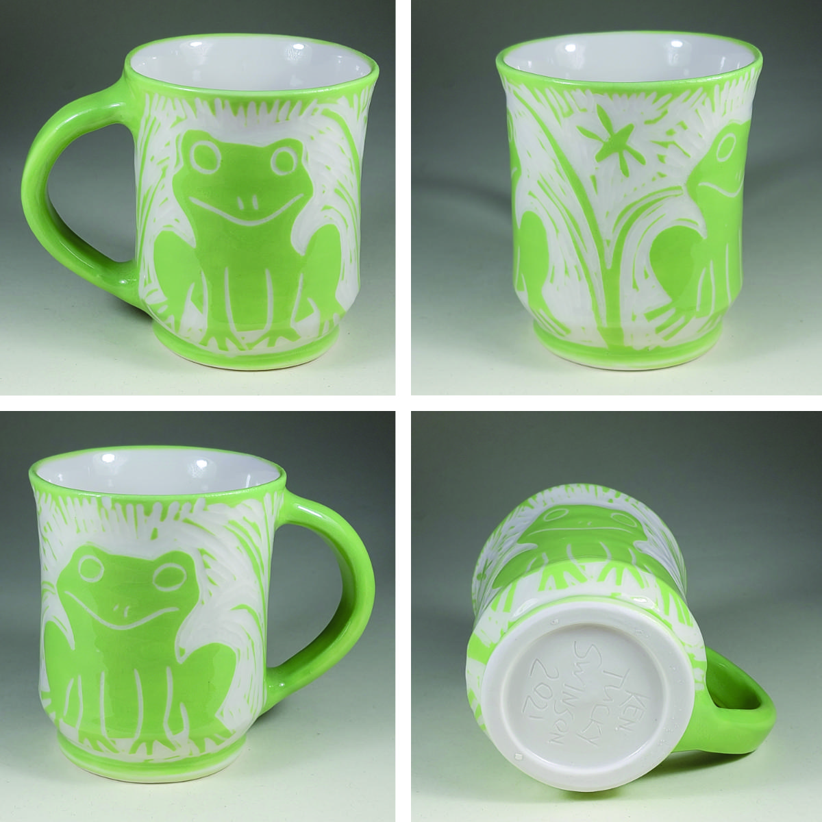 porcelain cup with green frog sgraffito design